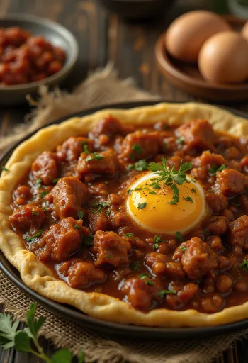 Doro Wat podávané s vareným vajcom a plackami injera