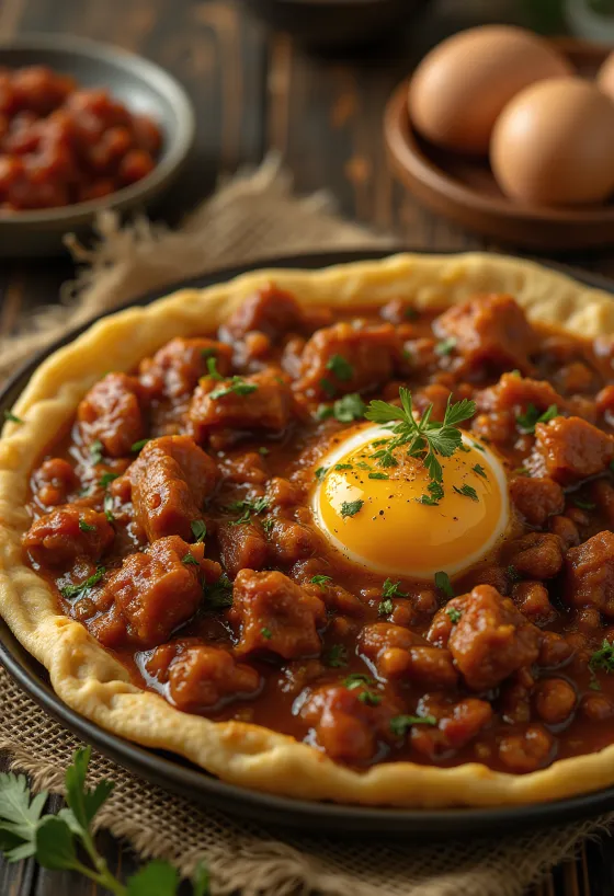 Doro Wat podávané s vareným vajcom a plackami injera