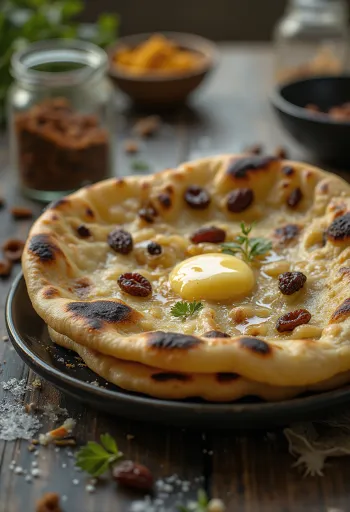 Kardamónovo-hrozienkový naan chlieb servírovanie