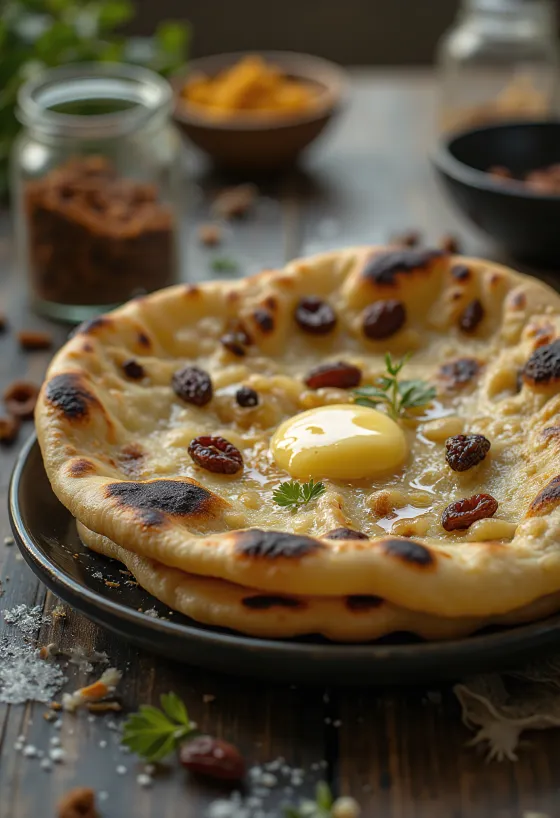 Kardamónovo-hrozienkový naan chlieb servírovanie