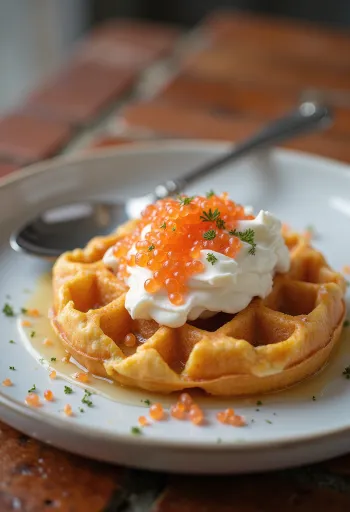 Vafle s kaviárom podávané s kôprovou smotanou