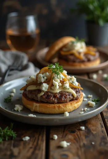 Hamburger s modrým syrom, šťavnatou mäsovou plackou a výrazným modrým syrom