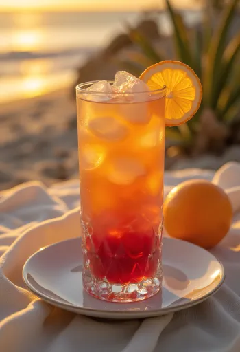 Kokteil Sex on the Beach ozdobený plátkom pomaranča a kokteilovou čerešňou