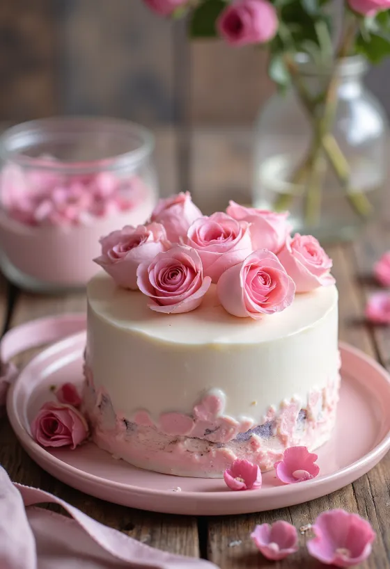 Valentínska ružová torta s bielym fondánom a lupeňmi ruží