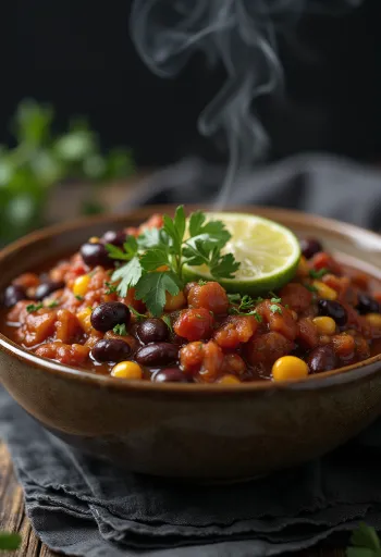 Vegánske chilli s fazuľou v bohatej korenistej omáčke, zdobené čerstvým koriandrom.