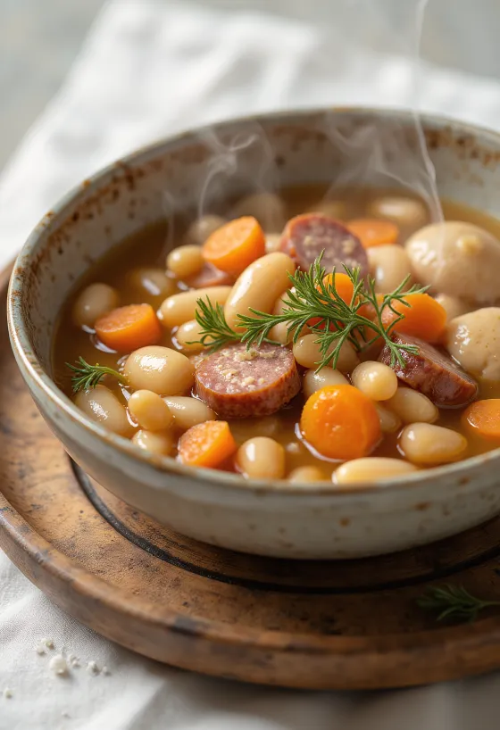 Tradičná fazuľová polievka s mrveničkou, podávaná s údeným mäsovým vývarom