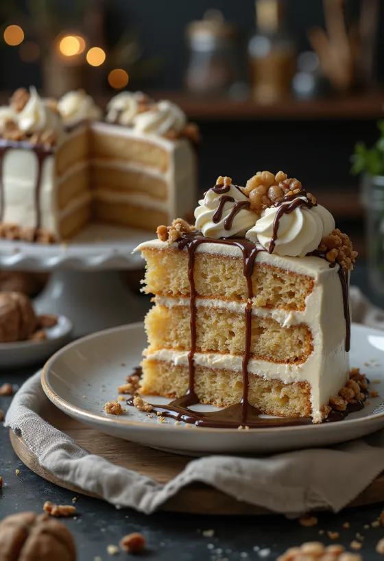 Gaštanová torta s orechovým krémom servírovaná