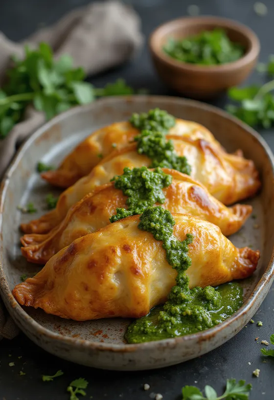 Zlatisté upečené empanadas na drevenej doske s miskou zelenej omáčky