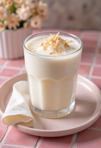Kokosové lassi servírované s kockami ľadu a ozdobené strúhaným kokosom