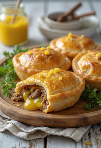 Lihapiirakka plnená horčicou, vypražená do zlatista, podávaná s plnkou z mletého mäsa