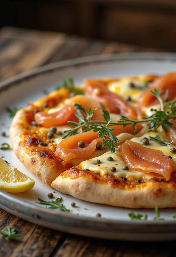 Pizza à la Norvégienne s údeným lososom, kaparami a kyslou smotanou