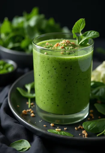 Špenátové smoothie vo vysokom pohári, ozdobené zeleninou a ovocím