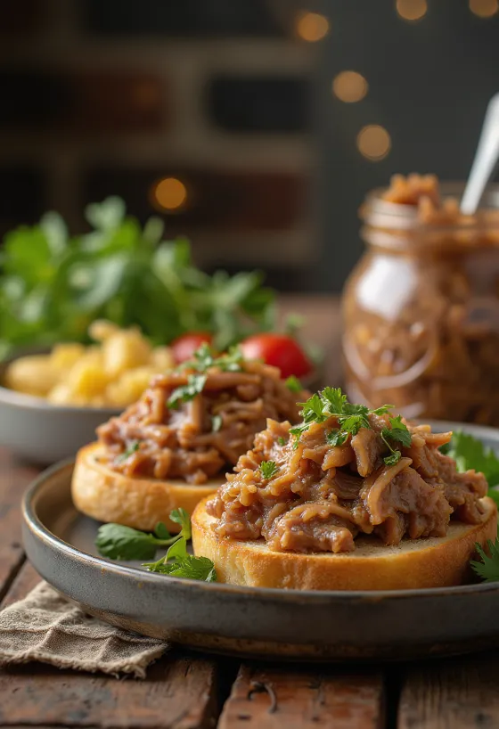 Duck rillette podávané v rustikálnom pohári s chlebom a kyslými uhorkami
