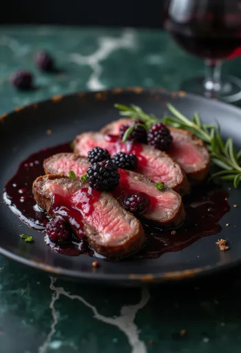 Jelení steak s omáčkou z lesného ovocia podávaný so zeleninou.