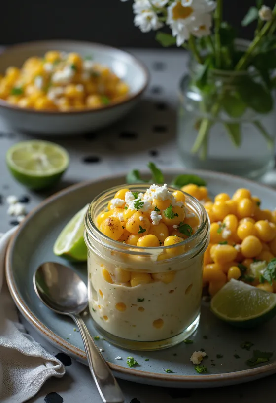 Esquites s koriandrom, podávané s kyslou smotanou a kolieskami limetky