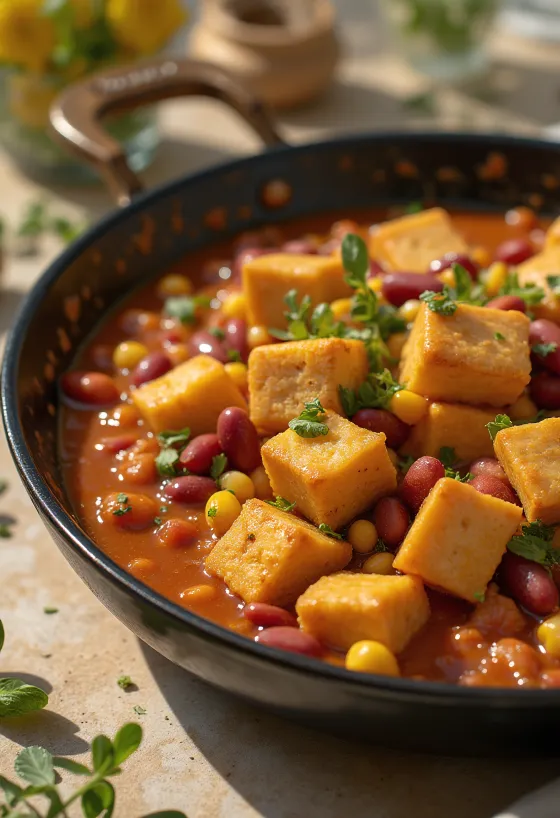 Pikantné tofu s fazuľou na tanieri