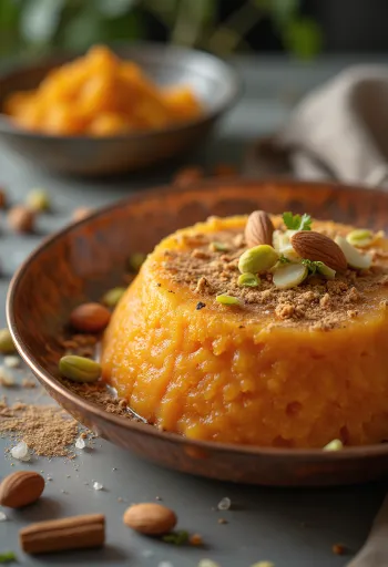Gajar ka Halwa s khoyou, zdobená pistáciami a mandľami