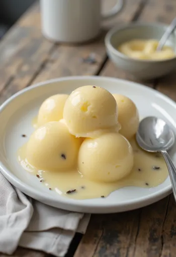 Klasické vanilkové parfé nakrájané na plátky, podávané s čerstvým ovocím