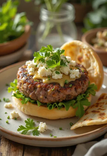 Blízkovýchodný hamburger s tahini omáčkou a jahňacou plackou