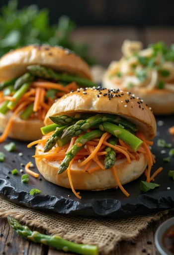 Bao žemličky so špargľou servírované