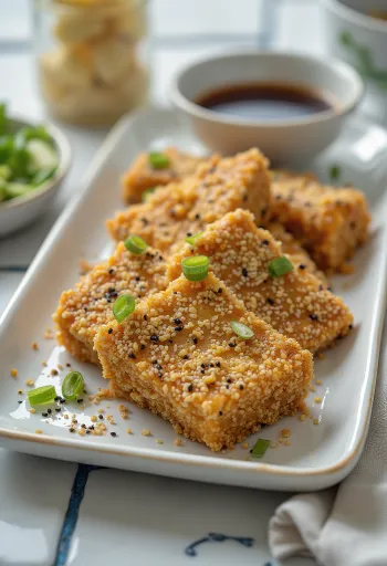 Pečené tofu v sezamovej kruste, upečené do chrumkava a zlatohneda, podávané s čerstvou zeleninou.