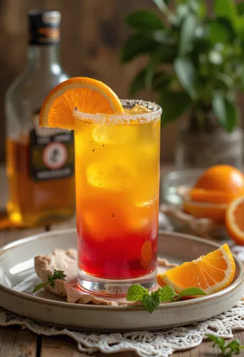 Kokteil Tequila Sunrise ozdobený plátkom pomaranča a čerešňou