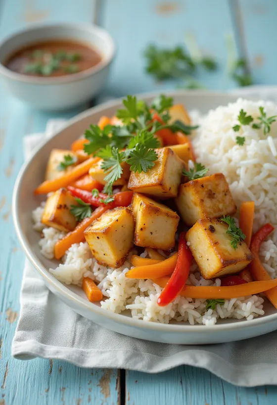 Pikantné tofu so zeleninou a ryžou na tanieri