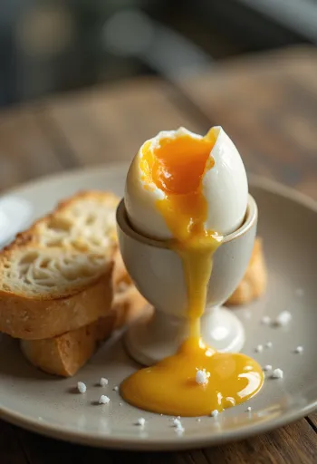 Čerstvo uvarené vajce namäkko, podávané na raňajky.