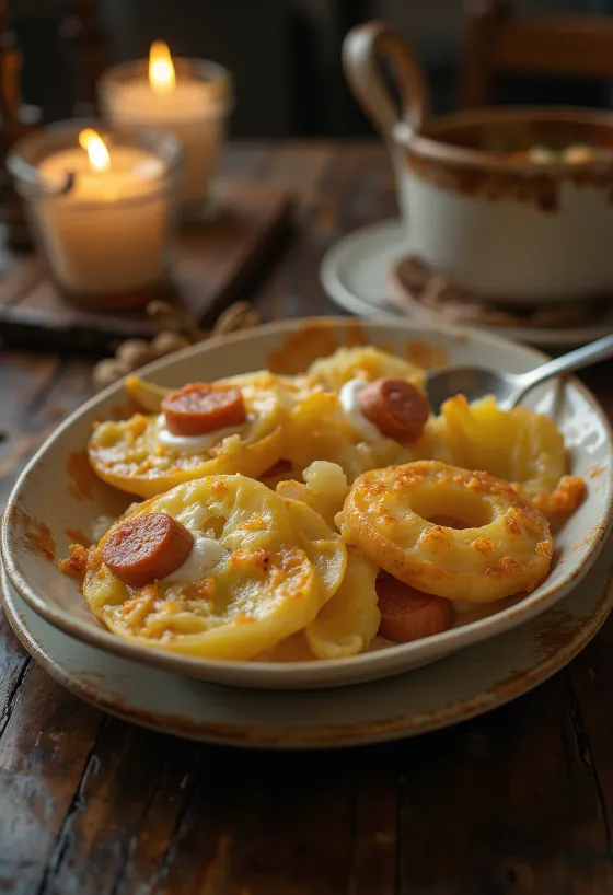 Francúzske zemiaky vrstvené s klobásou a vajcom, s kyslou smotanou na vrchu.