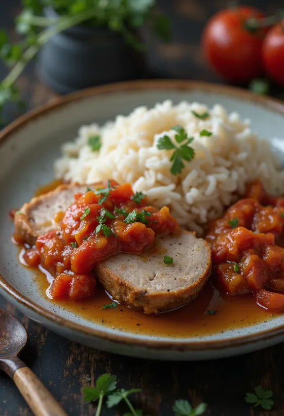 Bravčová krkovička na leče s ryžou na tanieri