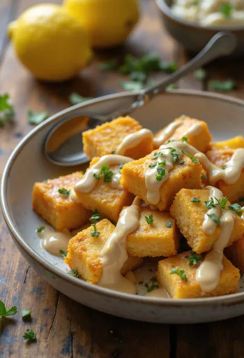 Pečené tofu s citrónovo-tahini zálievkou, podávané s čerstvou petržlenovou vňaťou a sezamom