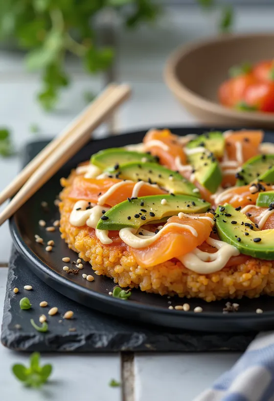Sushi pizza s japonským ryžovým základom, lososom a avokádom