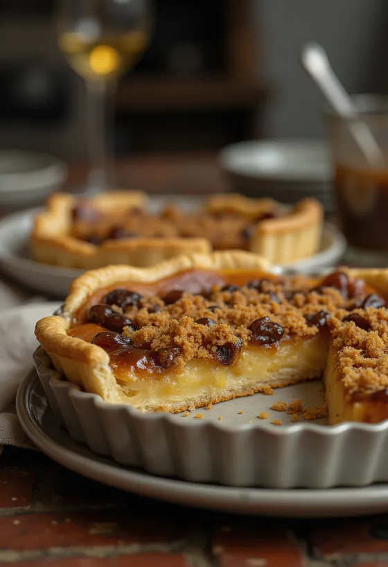Treacle tart s hrozienkami, upečený dozlatista, nakrájaný