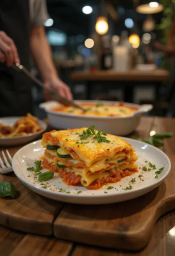Zeleninové lasagne s vegánskym syrom pri servírovaní