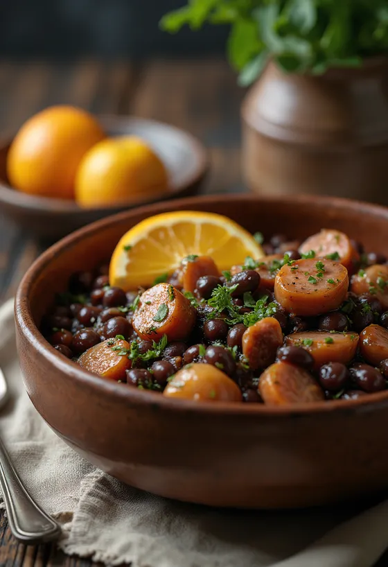 Feijoada s údenou klobásou, ryža a koriandrová ozdoba