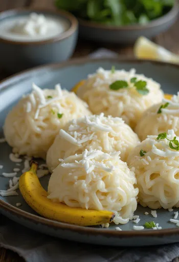 Idiyappam servírovaný s kokosovým mliekom a strúhaným kokosom, čerstvo naparený