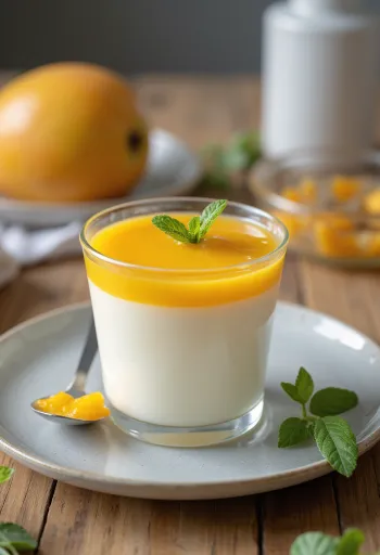 Mangová panna cotta ozdobená čerstvým ovocím a mangovou omáčkou