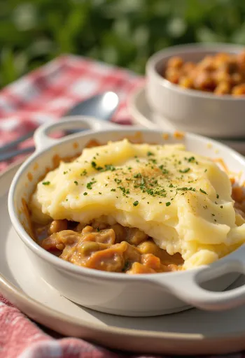 Shepherd’s pie s morčacím mäsom podávaný so zemiakovým pyré na vrchu