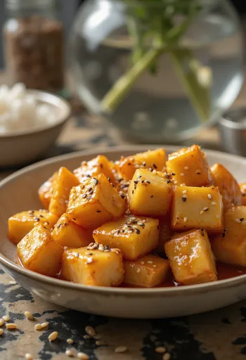 Pečené tofu v ovocnej marináde, posypané sezamom a koriandrom
