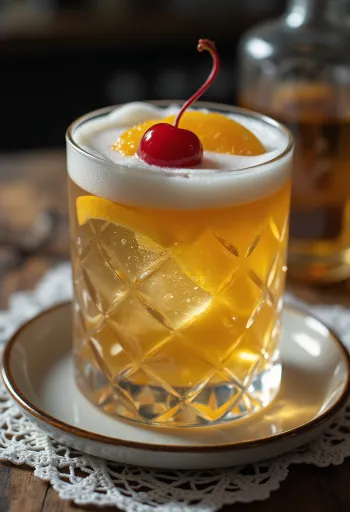 Kokteil Whisky Sour ozdobený plátkom pomaranča a kokteilovou čerešňou