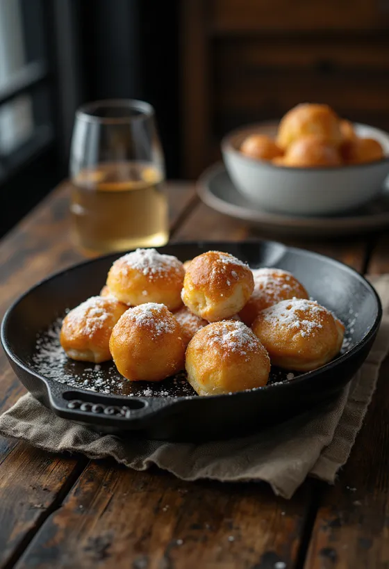 Dánske guľaté šišky Æbleskiver posypané práškovým cukrom