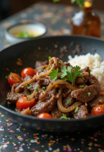 Lomo saltado s bezlepkovou sójovou omáčkou, podávané s čerstvou zeleninou a hovädzím mäsom