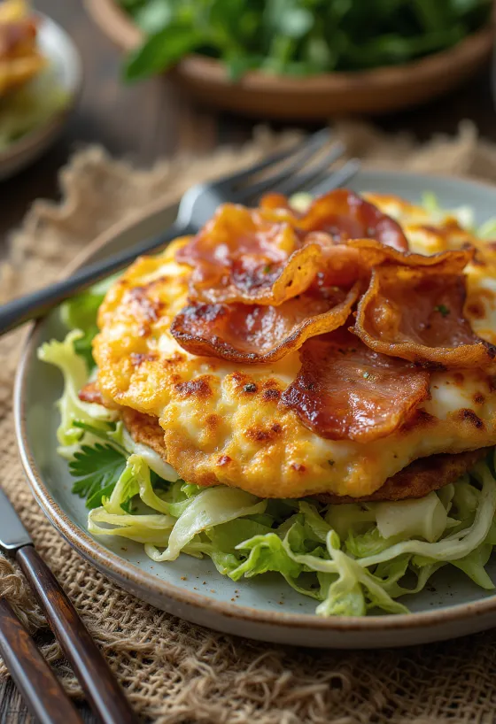 Okonomiyaki s vajíčkom, rovnomerne opečené, s čerstvou kapustou a plátkom slaniny
