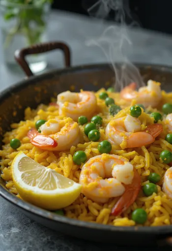 Španielska paella s čerstvými morskými plodmi, zeleninou a šafranom