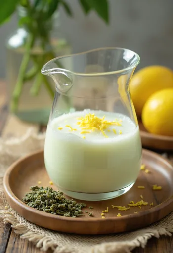 Citrónový kefír so zeleným čajom podávaný v pohároch, nápoj svetlej farby posypaný nastrúhanou citrónovou kôrou