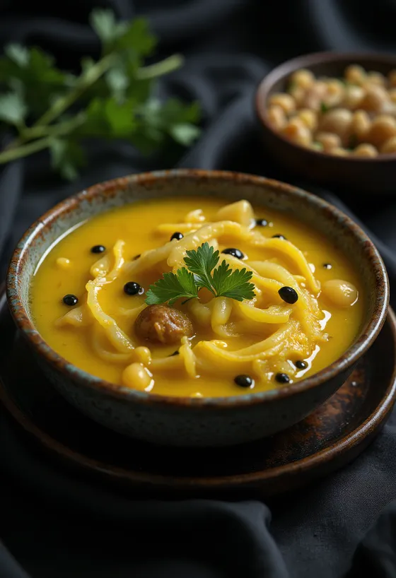Sambar s tamarindom, podávaný s čerstvým koriandrom