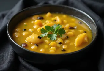 Sambar s tamarindom, podávaný s čerstvým koriandrom