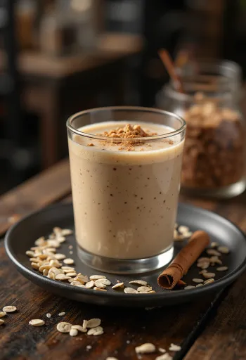 Ovsené smoothie vo vysokom pohári, ozdobené ovsenými vločkami a škoricou