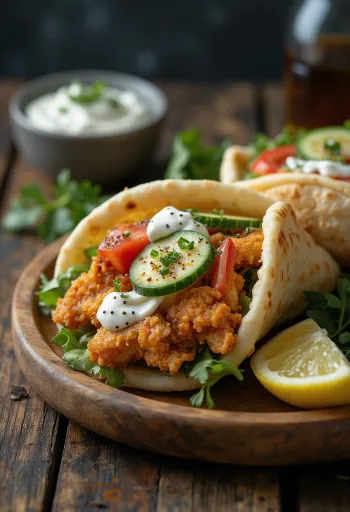 Kurací gyros podávaný s čerstvou zeleninou, omáčkou tzatziki a pita chlebom.