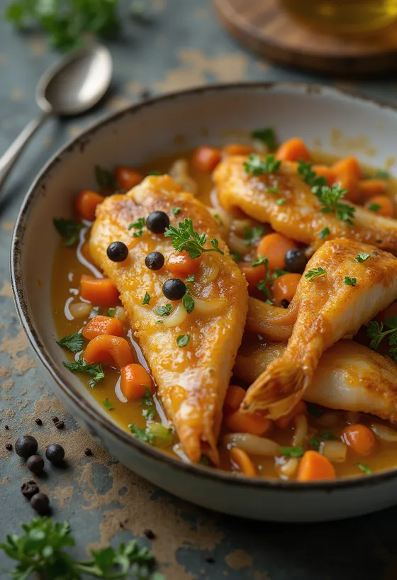 Ryba Escabeche podávaná so zeleninou